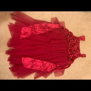 Little girls red dress with flowers and tie